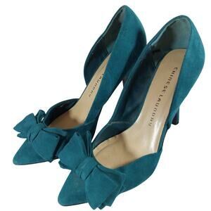 CHINESE LAUNDRY! TEAL BLUE GREEN VEGAN SUEDE LEATHER BOW FRONT PUMPS! SZ 7.5M